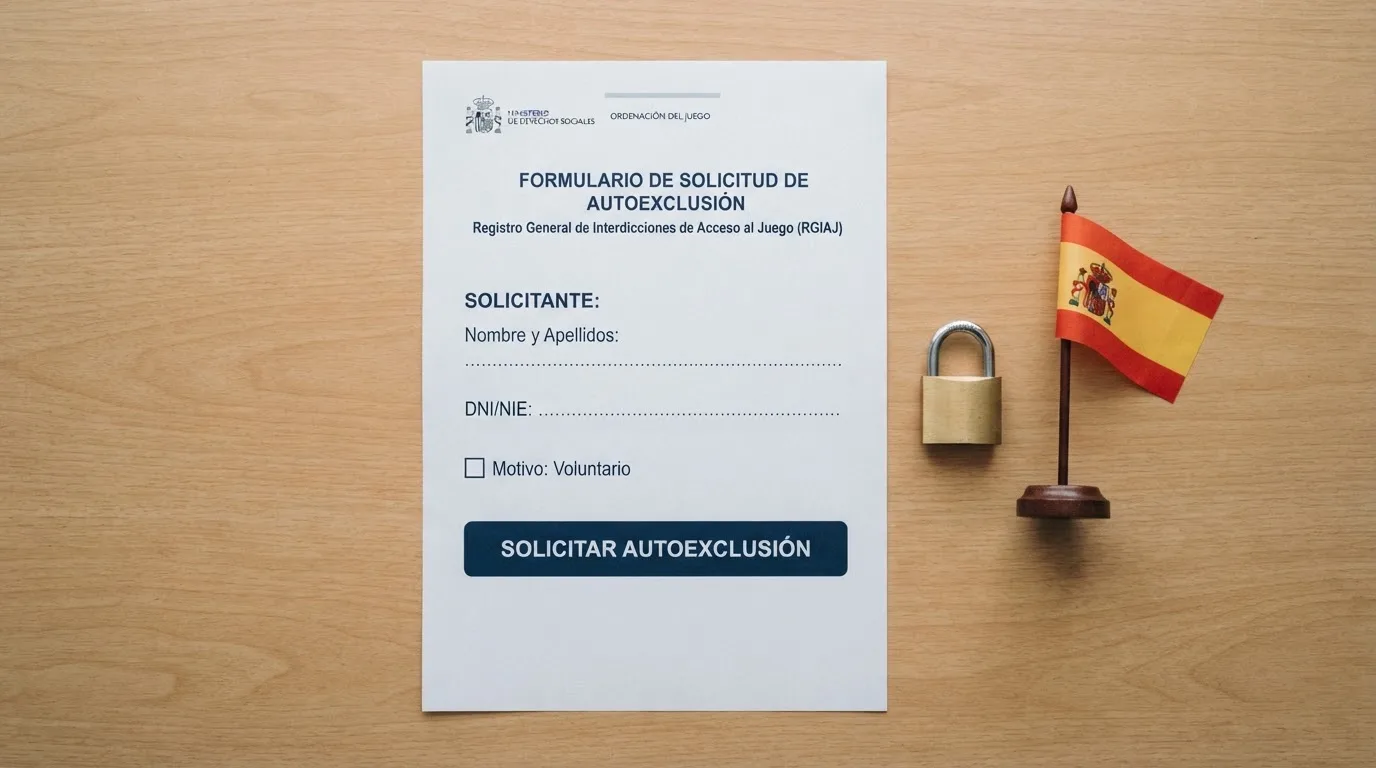 Un formulario de inscripción simplificado con los campos DNI/NIE y un botón de «Solicitar autoexclusión», junto a un icono de candado y la bandera de España