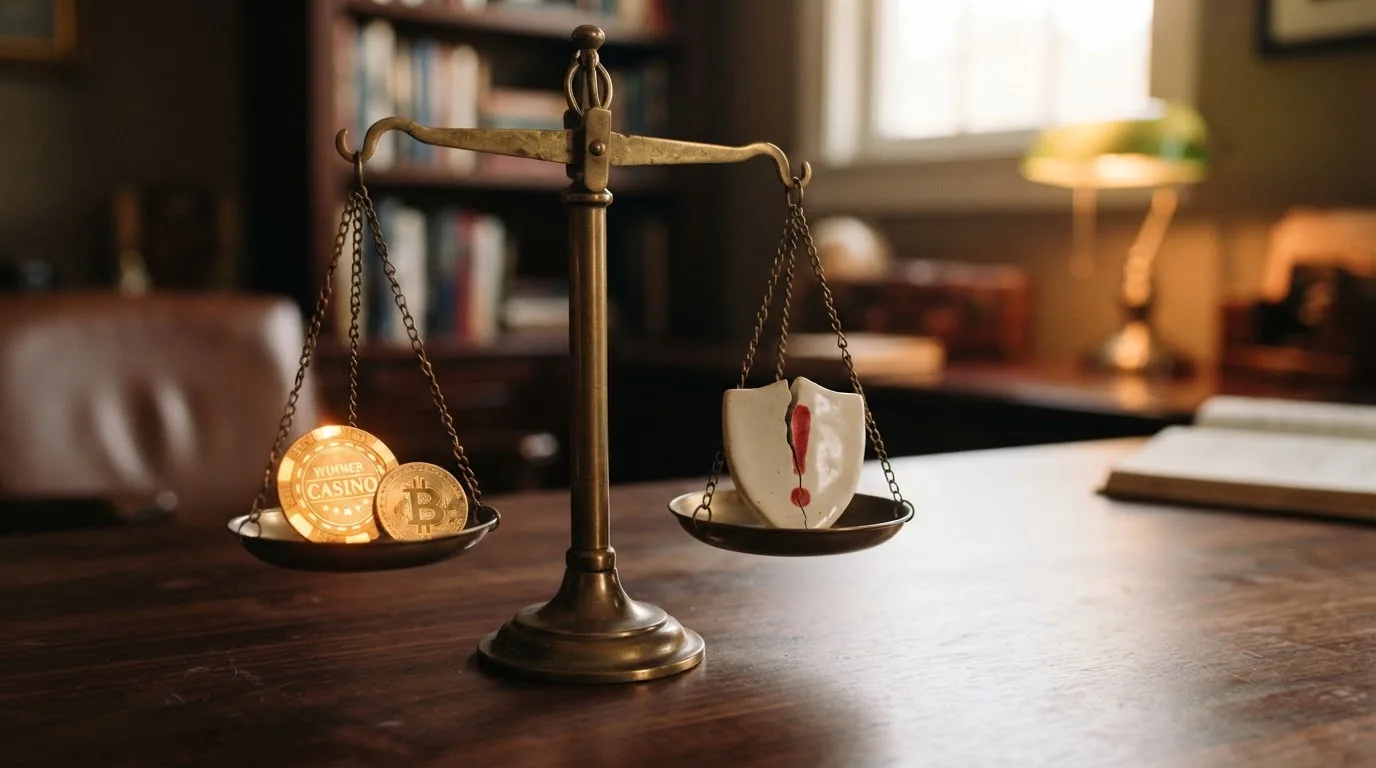 Una balanza con dos platos: en el izquiedo, un bono brillante y el símbolo de Bitcoin; en el derecho, un escudo roto y un signo de exclamación