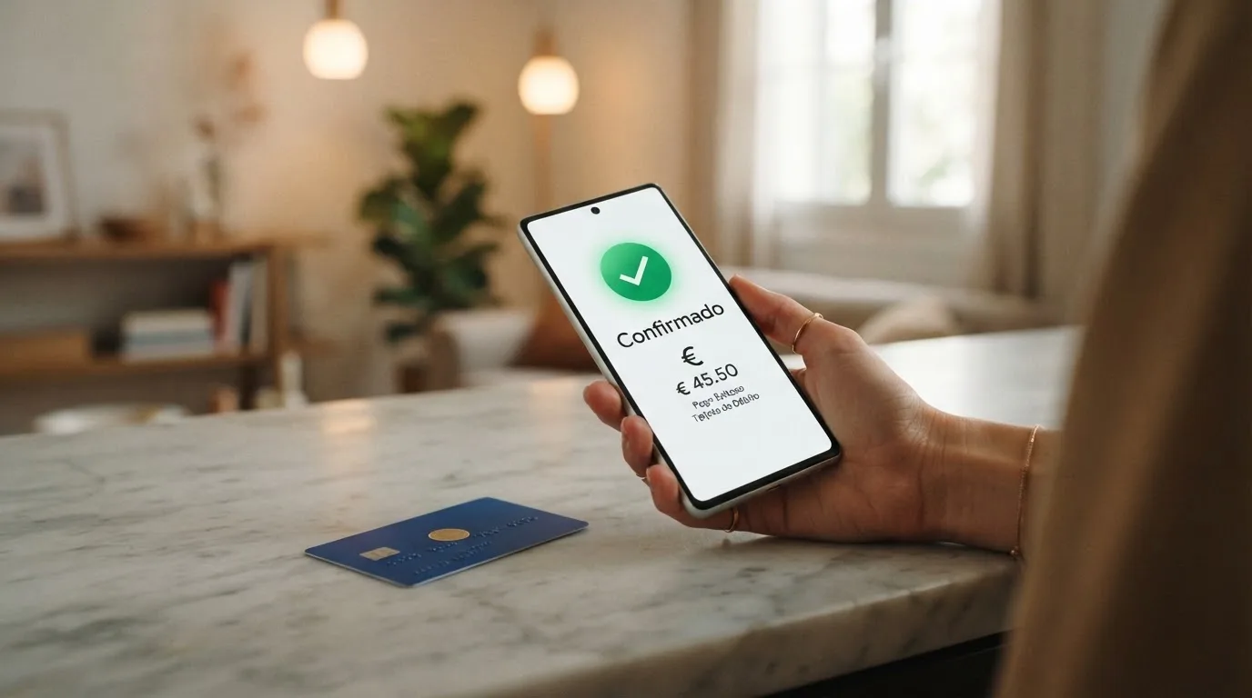 Un teléfono móvil con la app de Bizum abierta mostrando la pantalla de confirmación de un depósito hacia un casino online, junto a una tarjeta con el sello .es