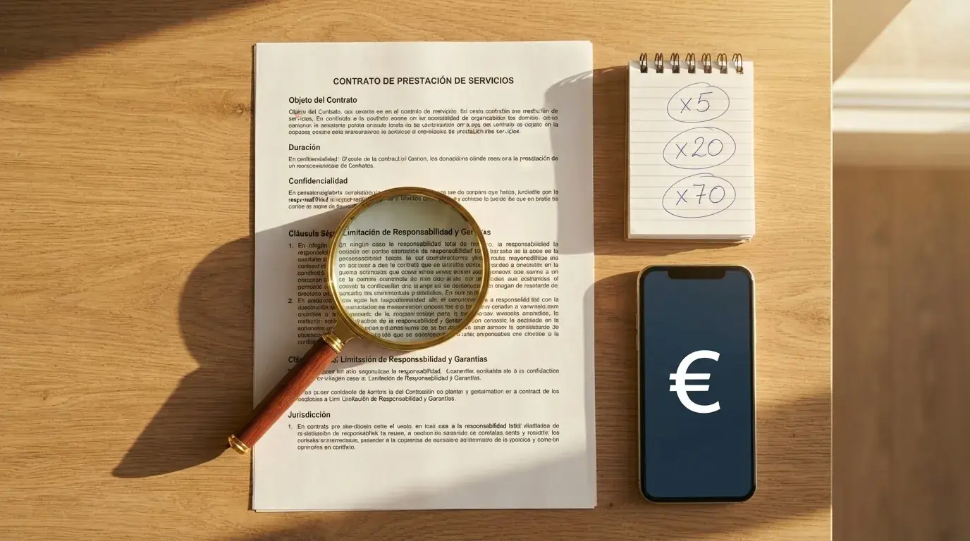 Una lupa sobre la letra pequeña de un contrato, con cifras de rollover (x5, x20, x70) anotadas en un papel junto a un teléfono