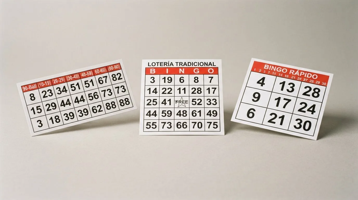 Comparativa visual de tres cartones de bingo con formatos distintos: uno de 90 bolas (3×9), uno de 75 bolas (5×5) y uno de 30 bolas (3×3)