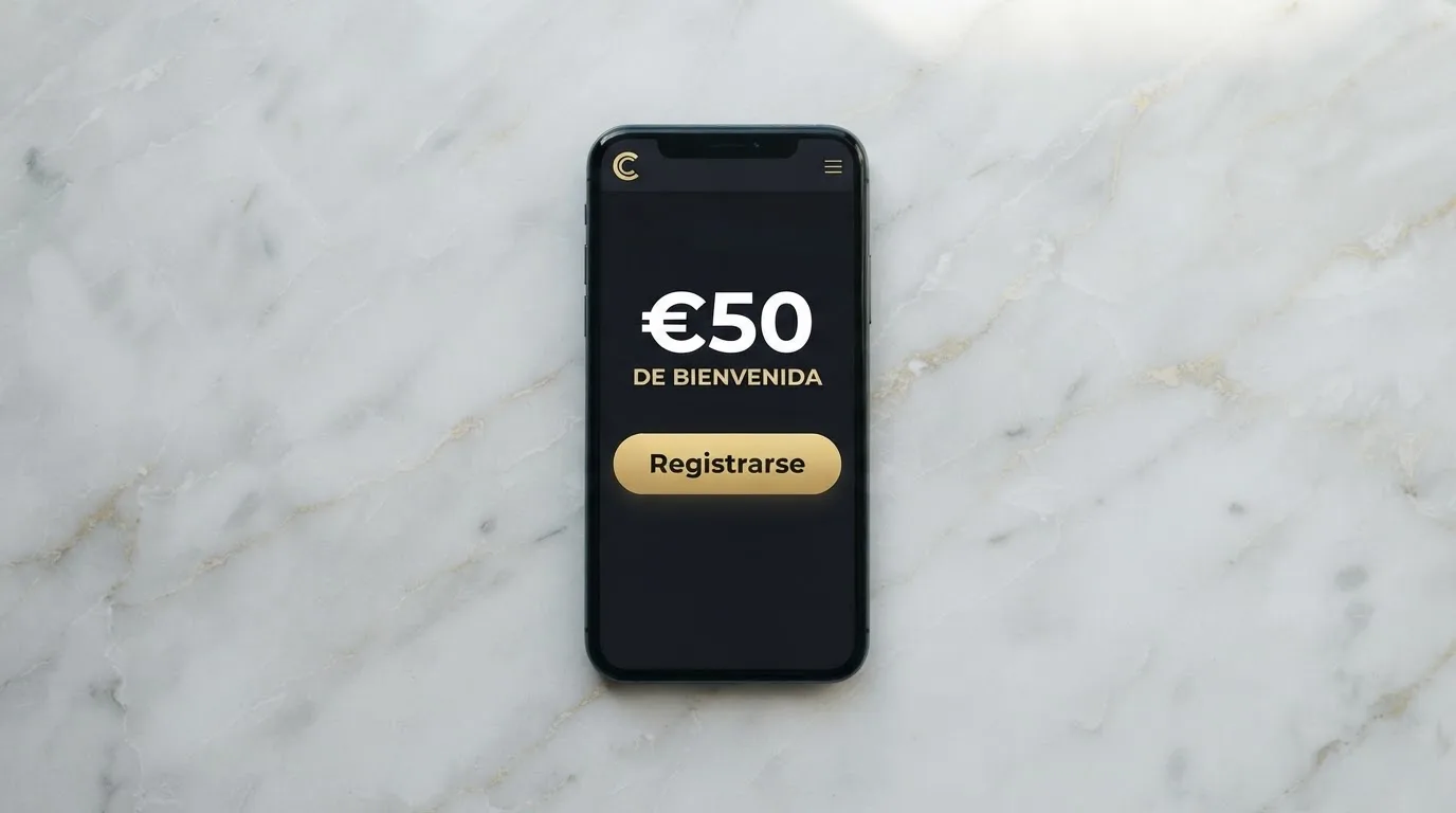 Un teléfono móvil mostrando la pantalla de registro de un casino online español con una oferta de bono sin depósito