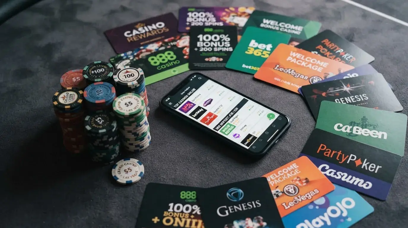 Varias tarjetas de casino online con fichas y un teléfono mostrando una lista de operadores con su depósito mínimo, sobre un fondo de color sobrio.
