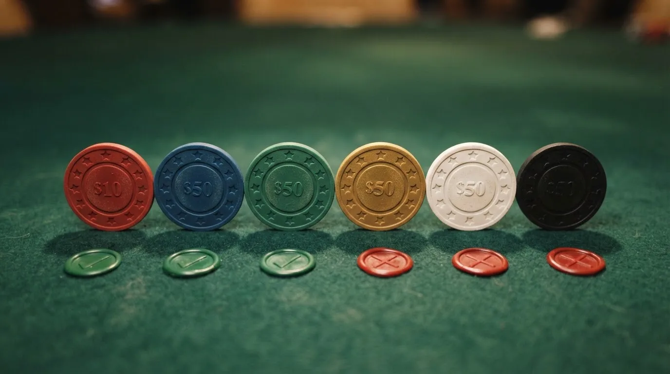 Varias fichas de casino alineadas sobre una mesa, cada una con un icono distinto de slot y un sello que indica licencia DGOJ o sin licencia