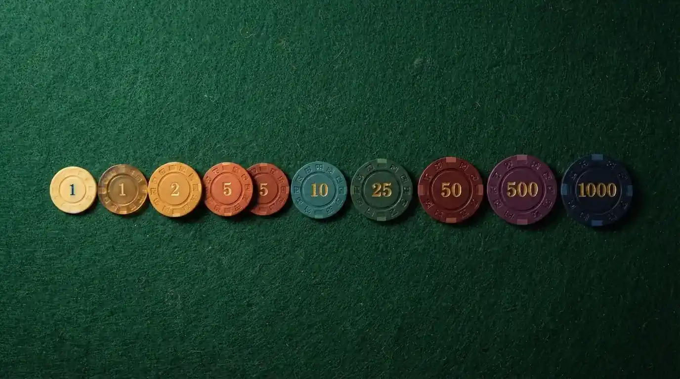 Diez tarjetas de casino online alineadas sobre un fondo de pantalla con fichas de ruleta, cada una mostrando un importe de depósito distinto ordenado de menor a mayor