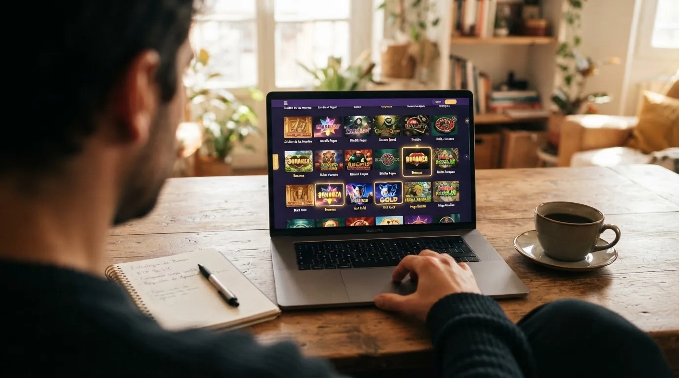 Fichas de diez casinos online con licencia española mostrando sus logos, valoraciones y condiciones principales