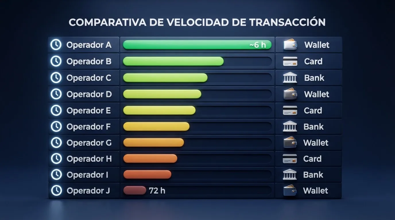 Una tabla visual simplificada con columnas de operador, velocidad y método más rápido, ordenada de mayor a menor velocidad, con iconos de reloj en cada fila