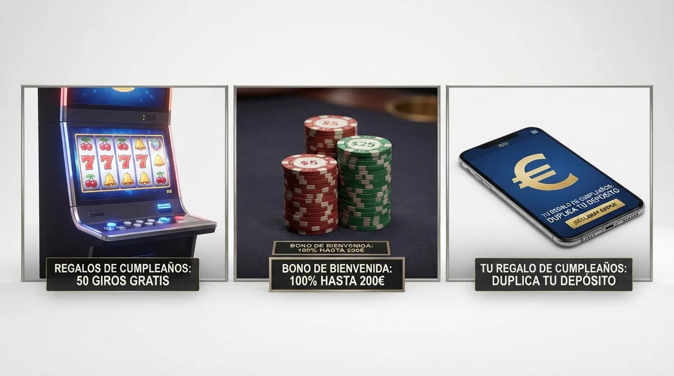 Una pantalla dividida que muestra distintas ofertas de cumpleaños (tiradas gratis, saldo de bono, porcentaje de igualación) junto a los logotipos de los casinos con licencia DGOJ