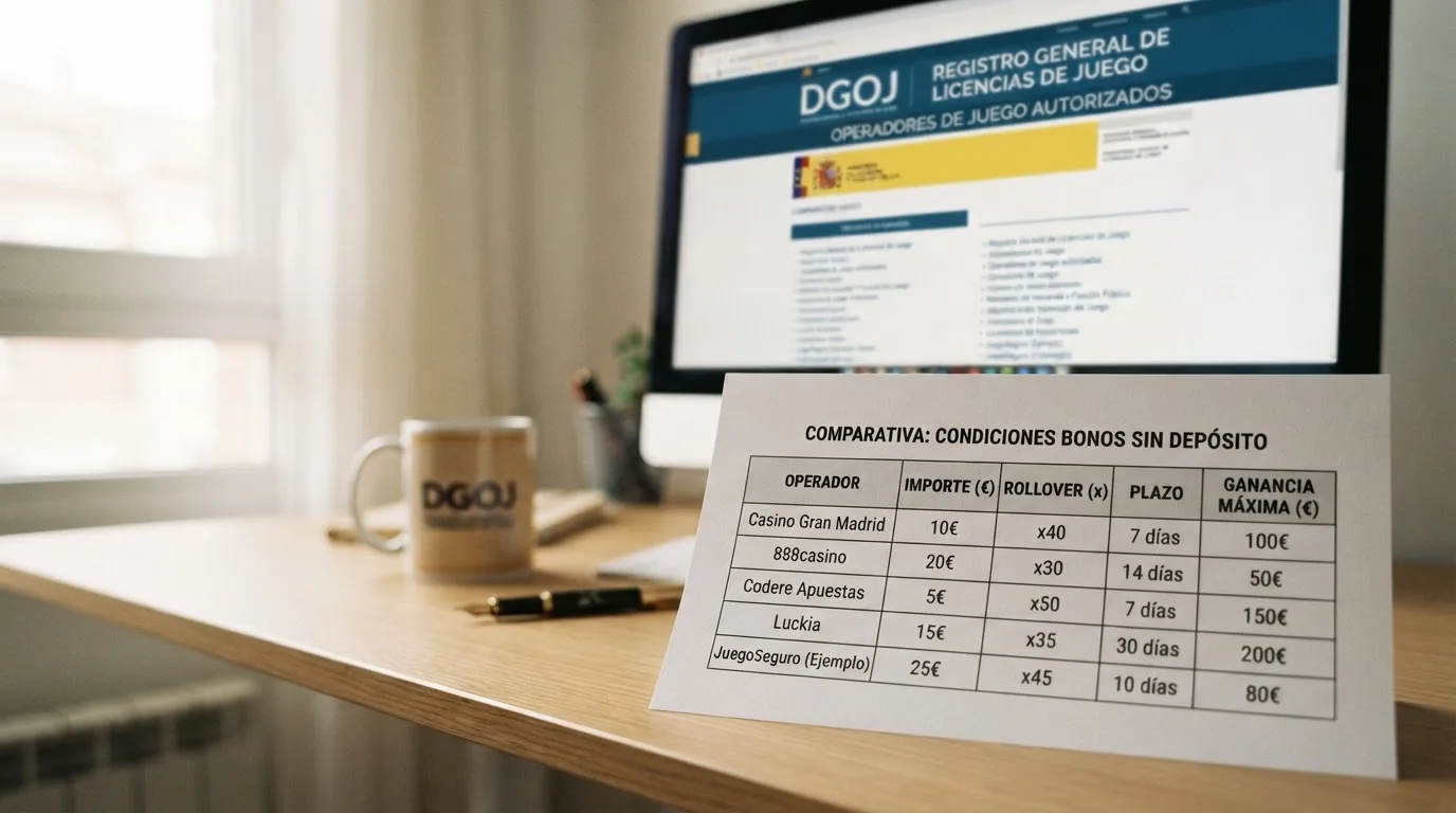 Primer plano de una tabla con las condiciones de cuatro bonos sin depósito (importe, rollover, plazo y ganancias máximas) sobre el fondo del registro de operadores de la DGOJ.