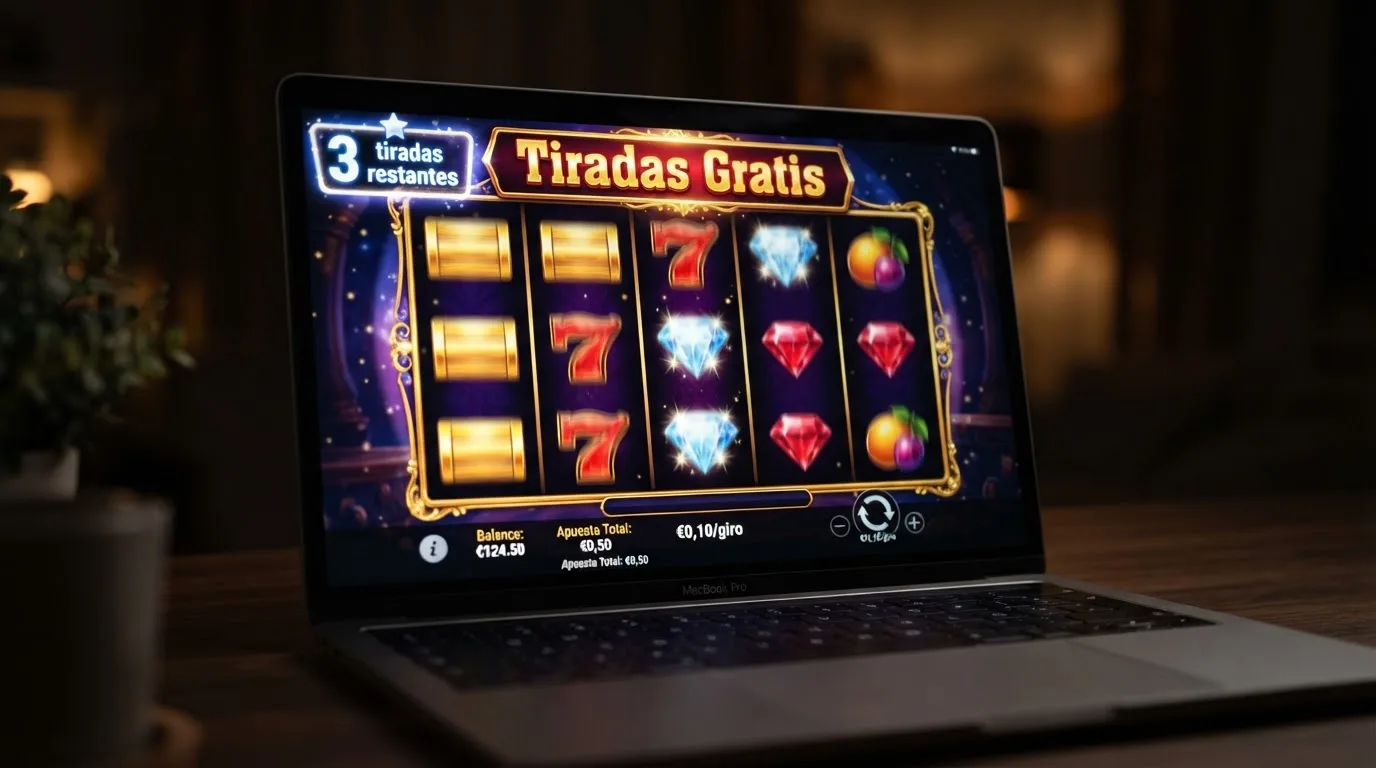 Captura de una tragaperras online con el contador de tiradas gratis activo y las condiciones de la promoción visibles