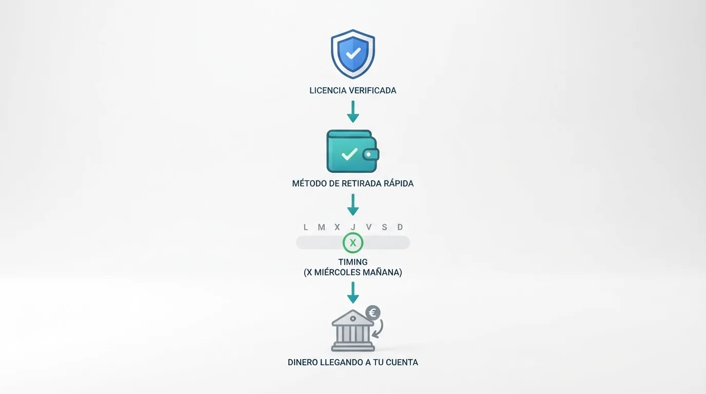 Tres iconos en columna — un escudo DGOJ, un monedero electrónico con check verde y un calendario marcando un día laborable — conectados por flechas descendentes hacia un icono de cuenta bancaria con dinero entrante