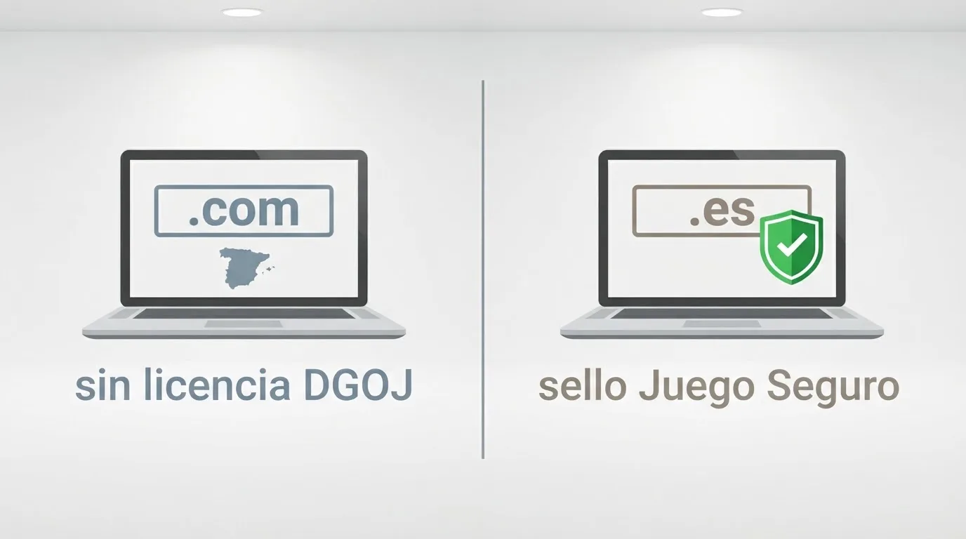 Diagrama comparativo que muestra a la izquiera un casino con dominio .com y licencia de Curaao, y a la derecha un casino con dominio .es y sello de Juego Seguro DGOJ