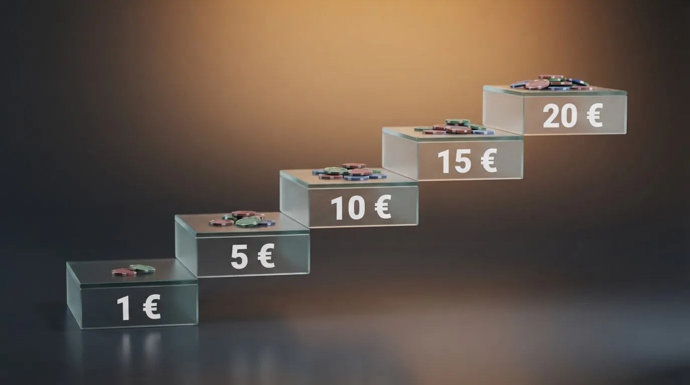 Cinco escalones de depósito — 1 €, 5 €, 10 €, 15 € y 20 € — con el número de operadores DGOJ disponibles en cada nivel