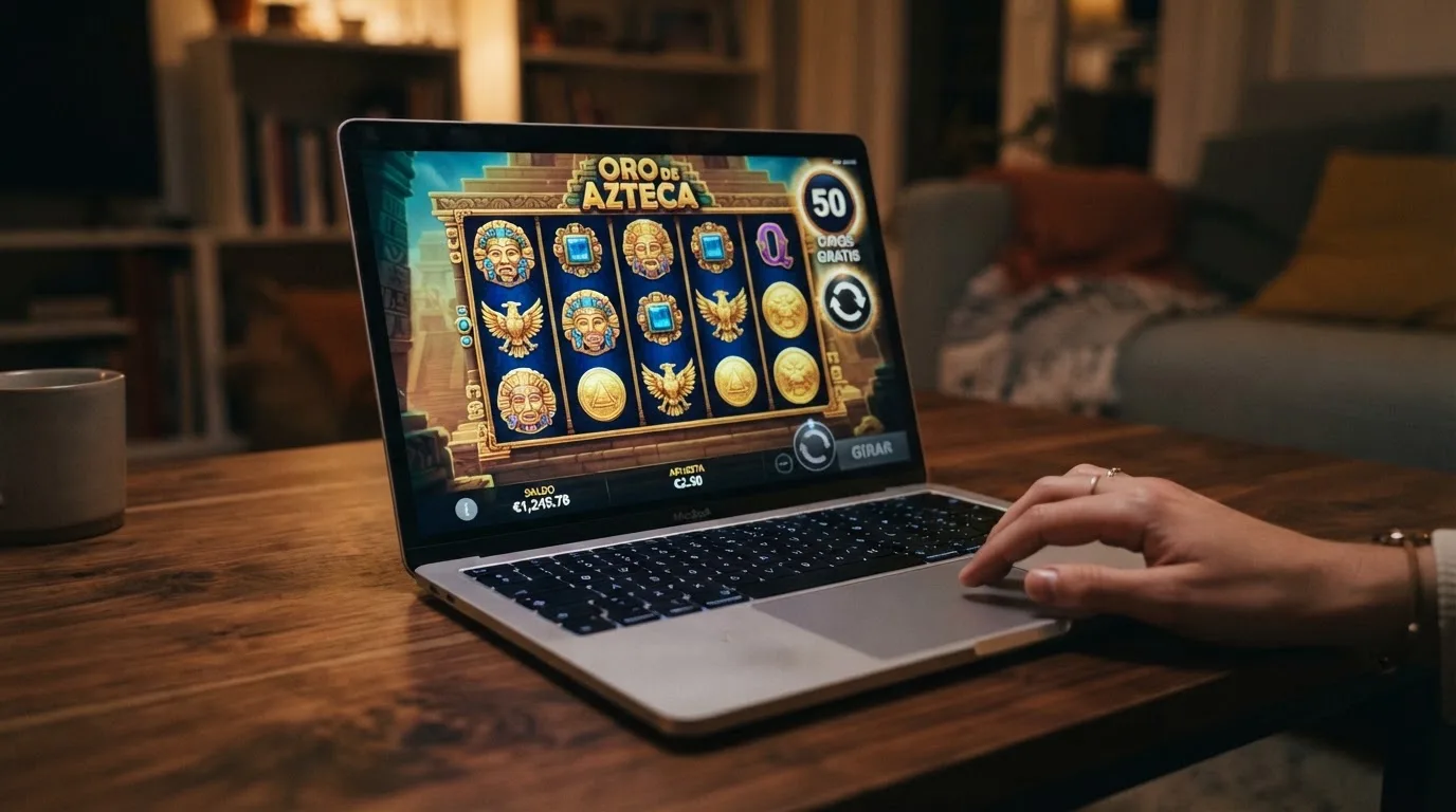 Primer plano de una tragaperras online con el contador de giros gratis activo en la esquina de la pantalla