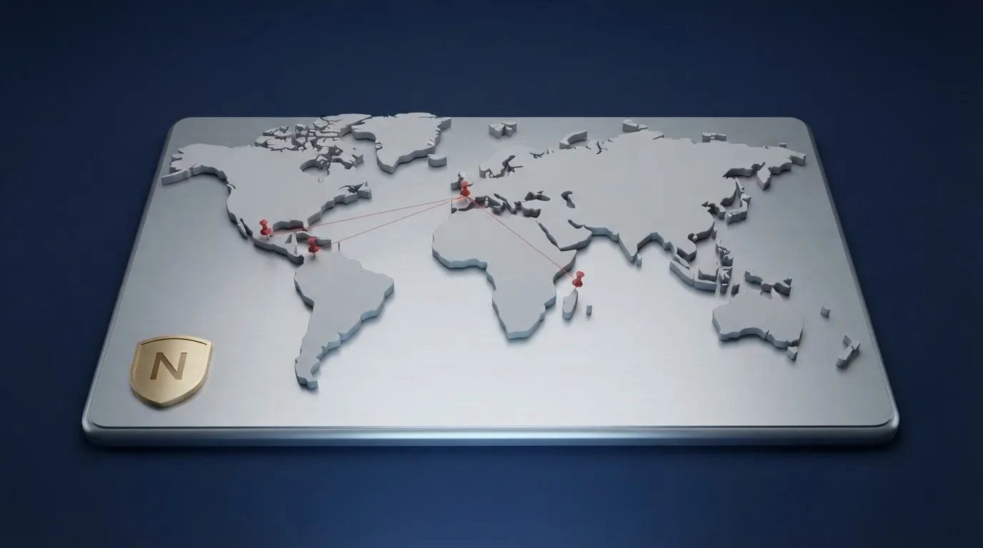 Mapa estilizado con tres chinchetas sobre Curaçao, Anjouan y Costa Rica conectadas por líneas hacia la silueta de España, con un escudo de la DGOJ en la esquina