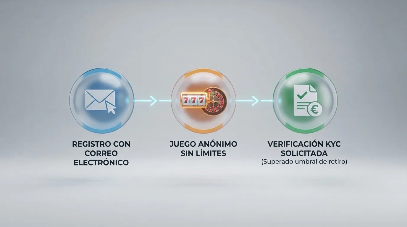 Diagrama con tres fases del KYC diferido: registro solo con email, juego sin verificación y solicitud de documentos al superar un umbral de retiro
