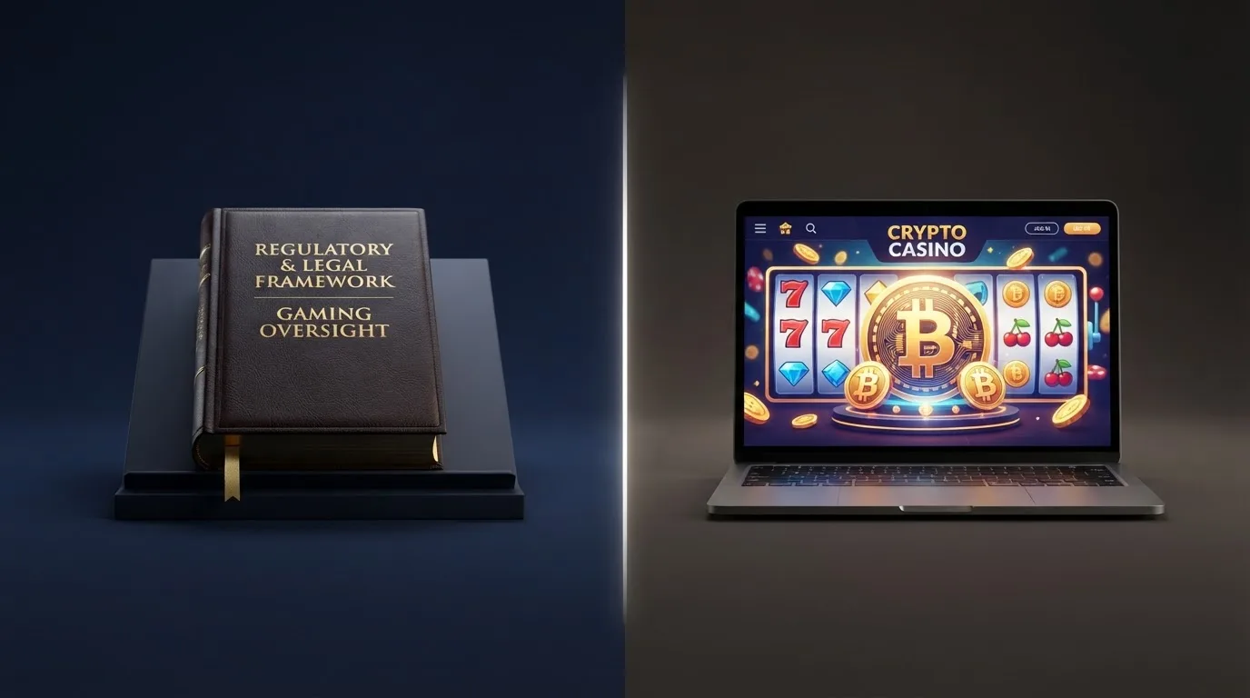 Un documento oficial con el sello de la DGOJ junto a una pantalla que muestra un casino online con el logo de bitcoin, separados por una línea divisoria