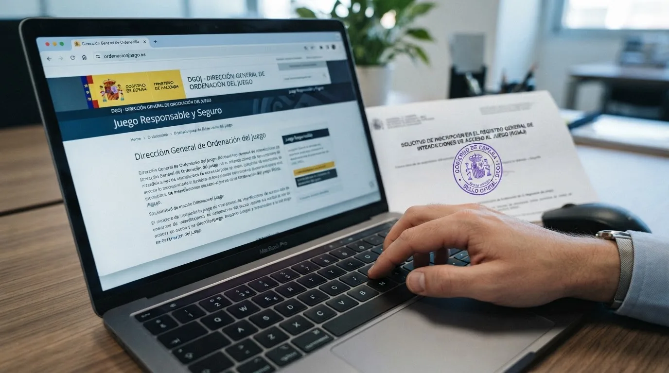 Primer plano del teclado de un ordenador donde se teclea «ordenacionjuego.es» en la barra del navegador, con el escudo de España visible en un documento oficial al fondo.