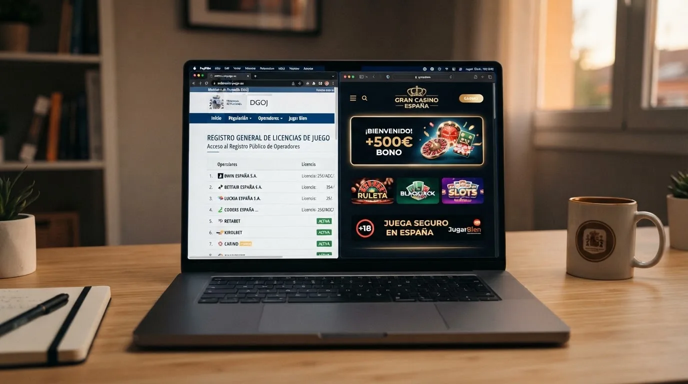 Captura de la web de ordenacionjuego.es con el registro de operadores y un dominio .es de casino resaltado en otra ventana.
