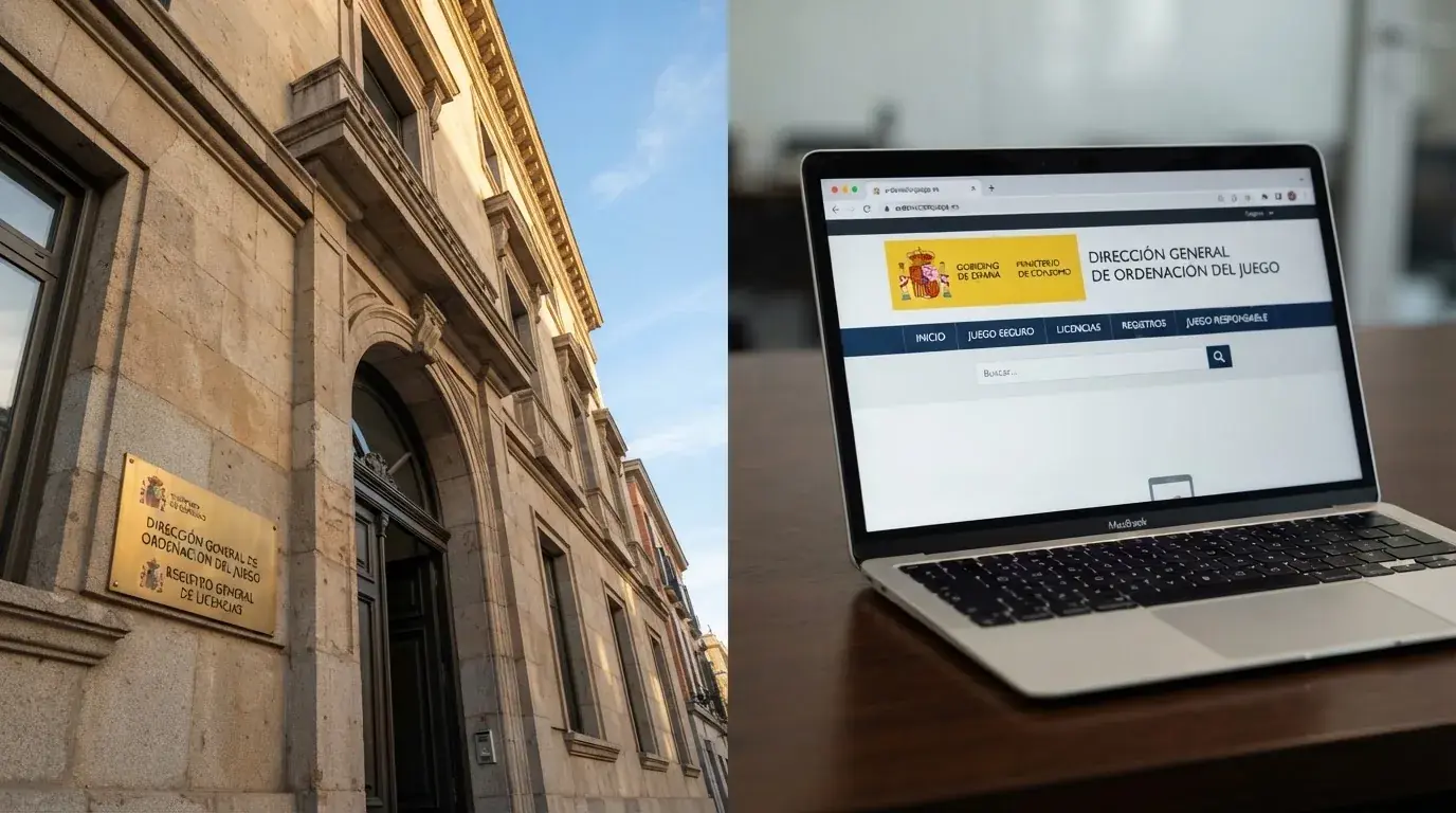 Imagen dividida: a la izquierda, la fachada de un edificio institucional español con una placa oficial; a la derecha, un navegador mostrando la URL «ordenacionjuego.es» y un fragmento del registro público de operadores con licencia