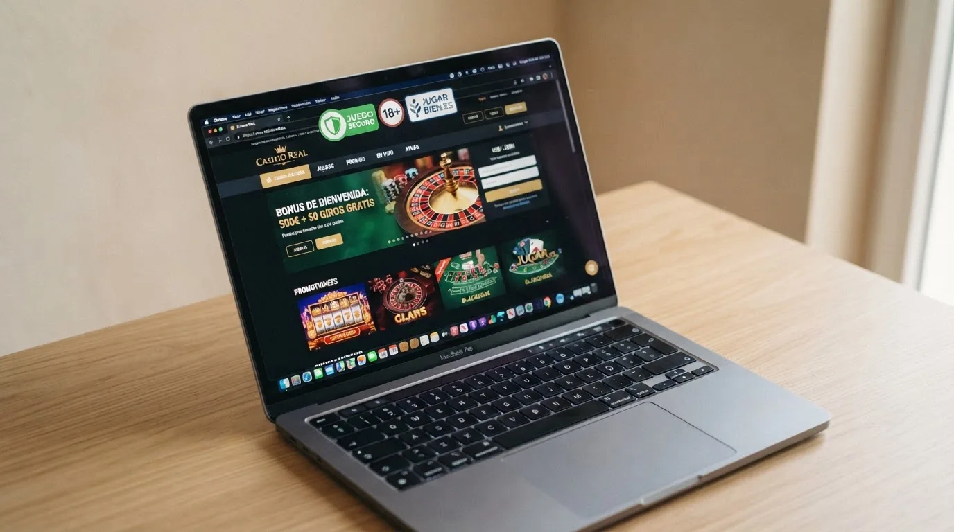 Pantalla de un casino online español mostrando los sellos de Juego Seguro, licencia DGOJ y el dominio .es en la barra de direcciones