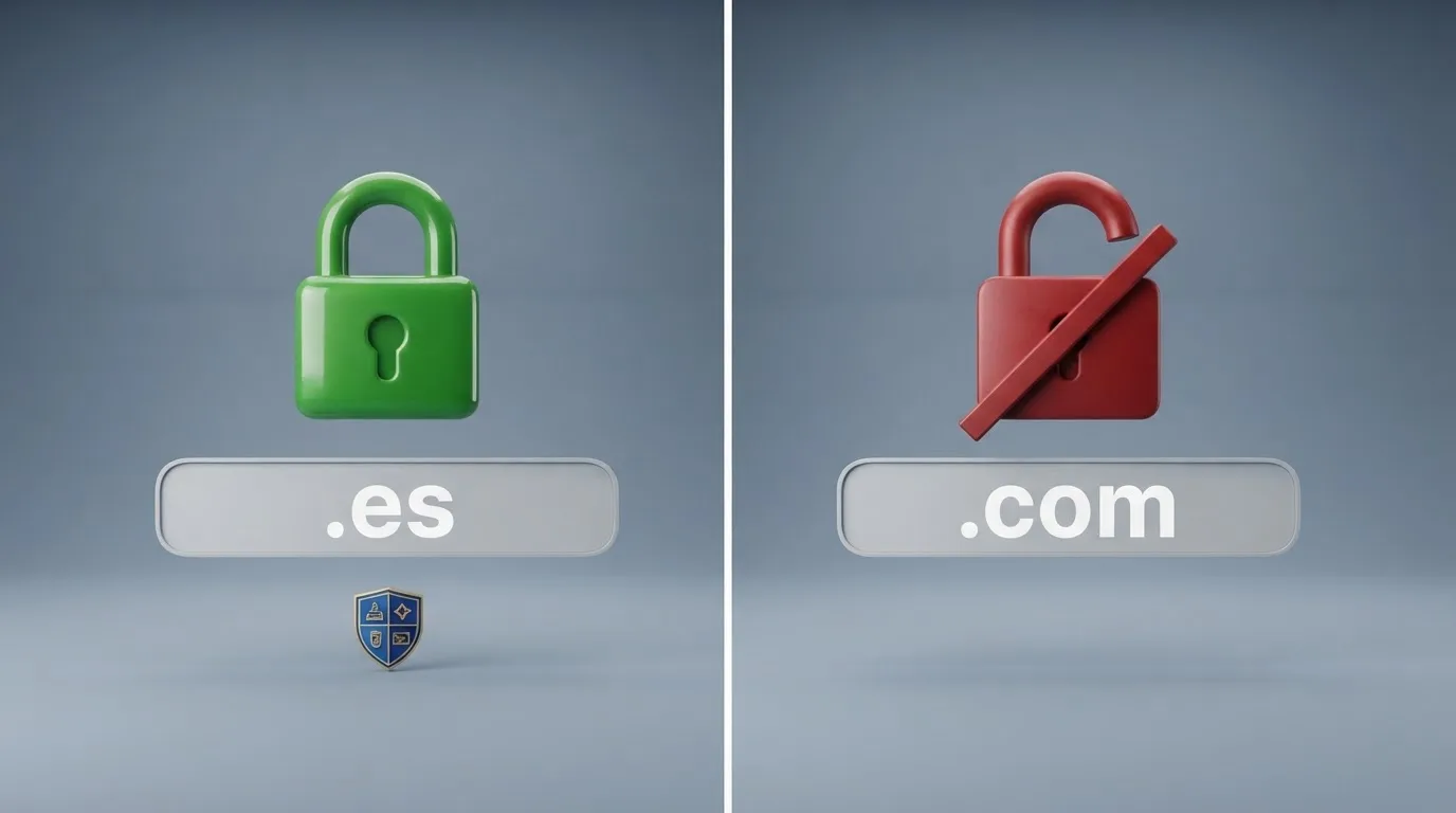 Una pantalla dividida: a la izquierda el dominio .es con el escudo de la DGOJ y un candado verde; a la derecha un dominio .com con un candado rojo tachado