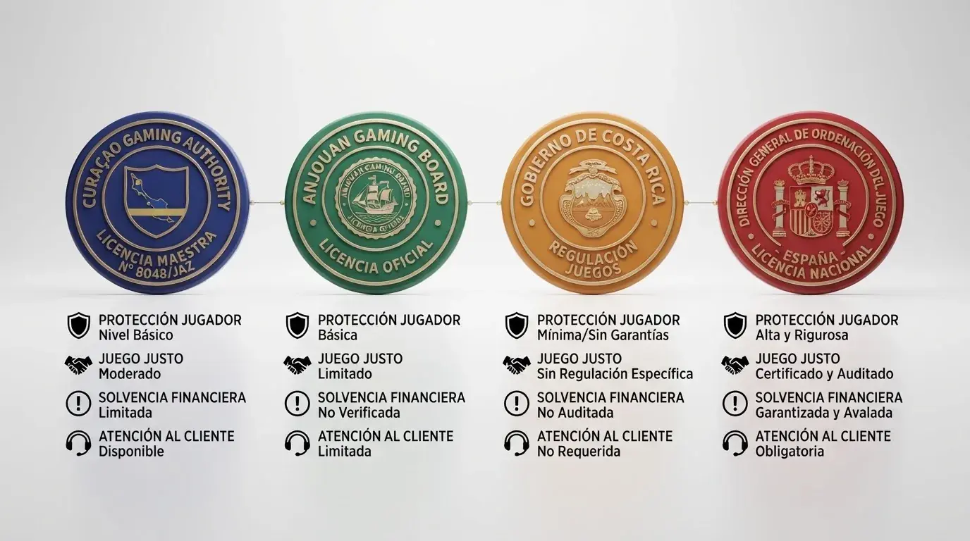 Comparativa visual de cuatro emblemas de licencia: Curaçao Gaming Authority, Anjouan Gaming, Costa Rica y DGOJ España, con las protecciones al jugador que cada uno ofrece debajo