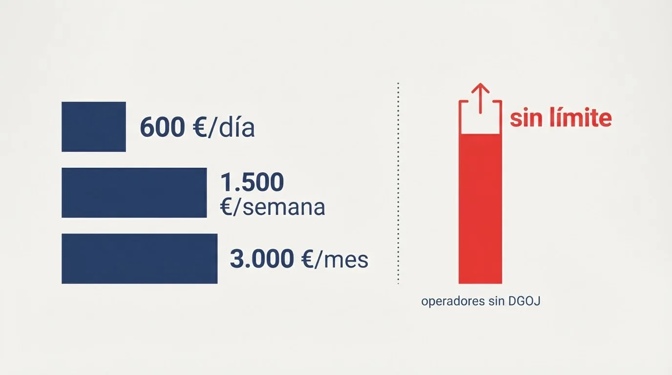 Gráfico de barras comparando los límites de depósto DGOJ (600 €/día, 1.500 €/semana, 3.000 €/mes) frente a una barra sin techo etiquetada «sin límite» para el casino extranjero