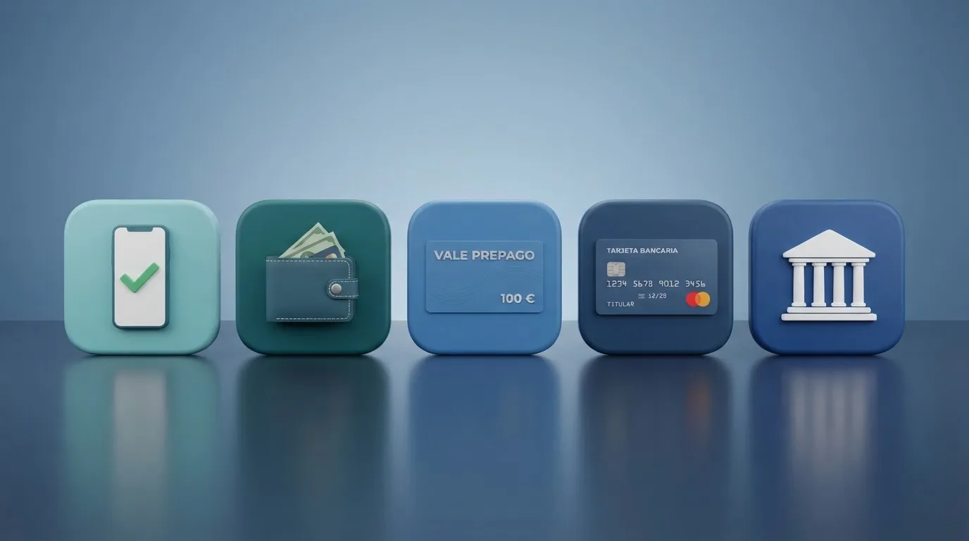 Iconos de los métodos de pago disponibles en casinos DGOJ — Bizum, PayPal, Paysafecard, Visa y transferencia bancaria — alineados sobre un fondo de tonos azules
