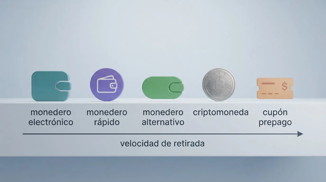 Iconos de los cinc princi pales métodoss de pago en casinos offshore: Skrill, Neteller, MiFinity, Bitcoin y Paysafecard, ordenados por velociad de retirada