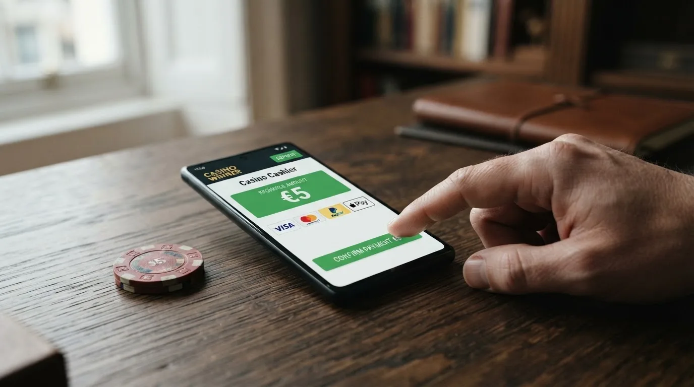 Un móvil mostrando la pantalla de cajero de un casino online con los iconos de Bizum, PayPal, Paysafecard y Visa, y el importe de 5€ seleccionado