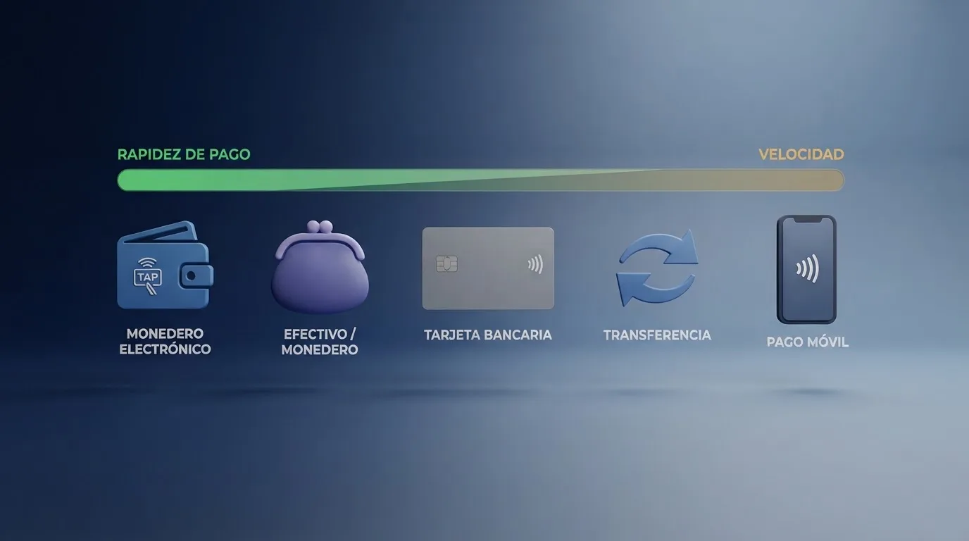 Iconos de métodos de pago para retirada — PayPal, Skrill, tarjeta bancaria, transferencia y Apple Pay — ordenados de más rápido a más lento