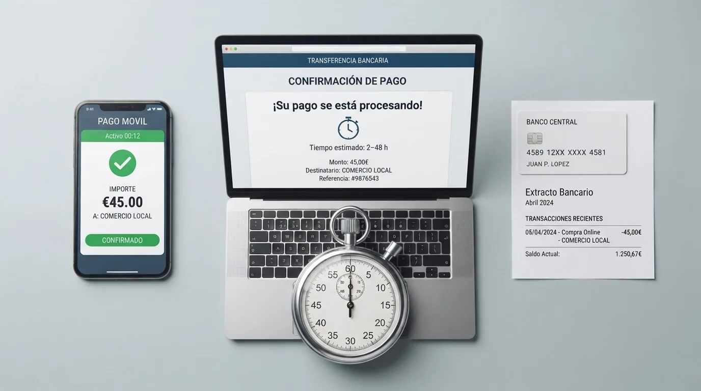 Varios dispositivos — un móvil con PayPal, un ordenador con el logo de un banco, una tarjeta — alineados con un cronómetro que marca tiempos distintos para cada uno