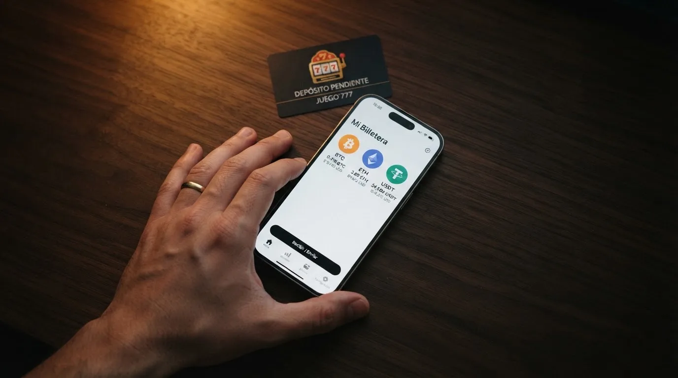 Monedero digial de criptomonedas mostran do saldo en Bitcoin, Ethereum y USDT junto a la pantalla de depósto de un casino online