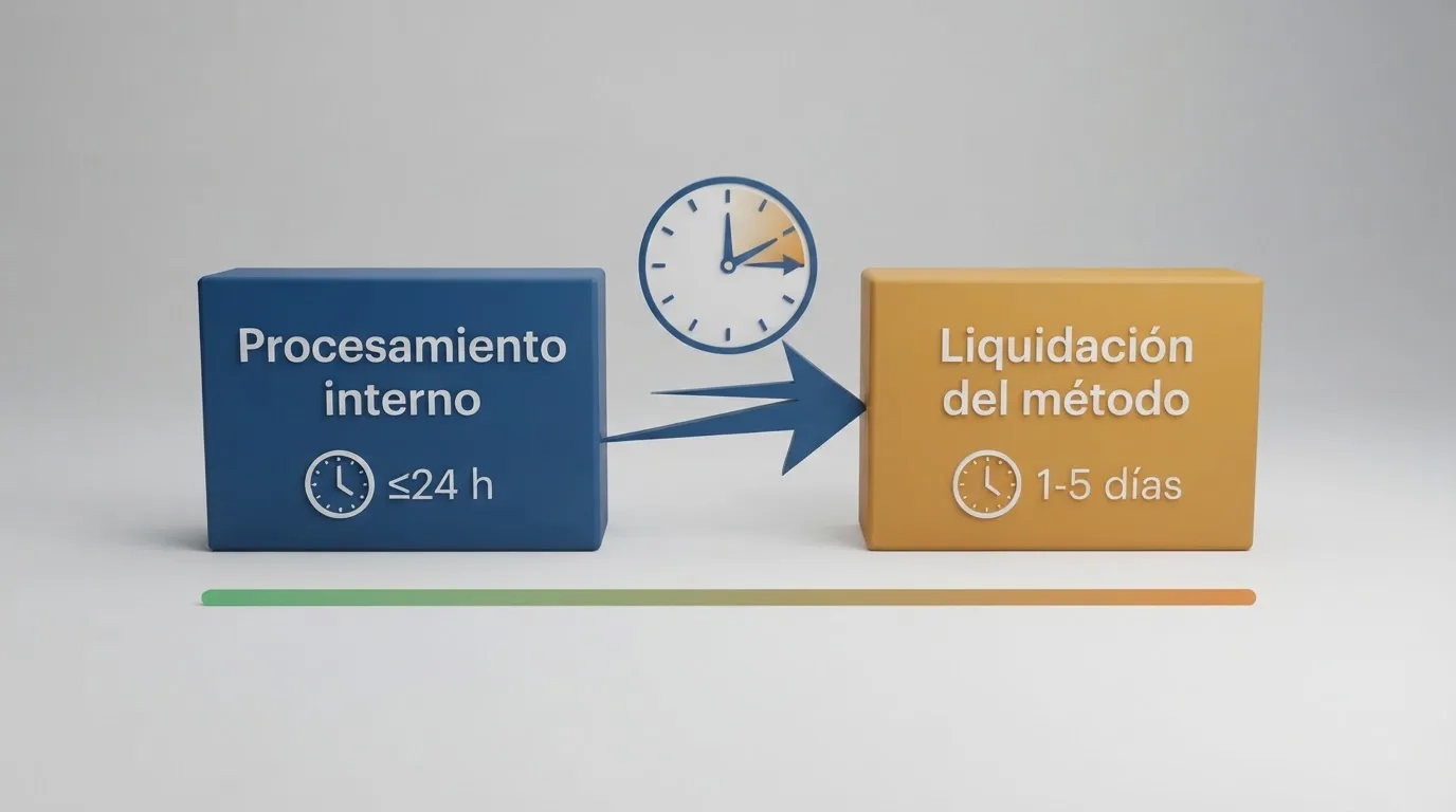 Diagrama visual con dos bloques: «Procesamiento interno del casino (≤24 h por ley DGOJ)» y «Liquidación del método de pago (1-5 días según método)», conectados por una flecha con un reloj