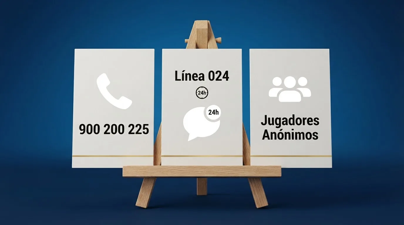 Tarjeta con los tres principals recursos de ayuda: número de FEJAR (900 200 225), Línea 024 y el logo de Jugadores Anónimos, sobre un fondo azul de confianza