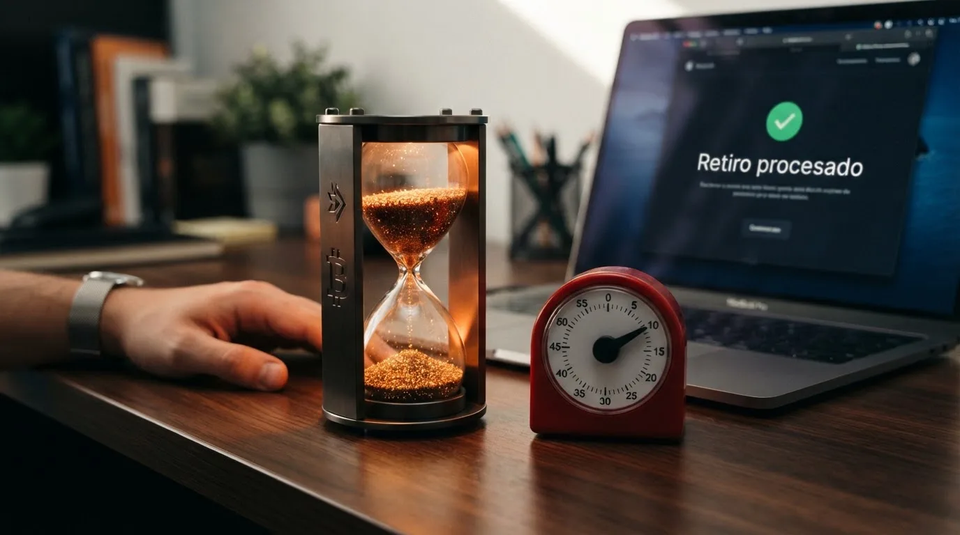 Un reloj de arena digital con el símbolo de bitcoin frente a un cronómetro de cocina tradicional, sobre una pantalla que muestra el mensaje «Retiro procesado»