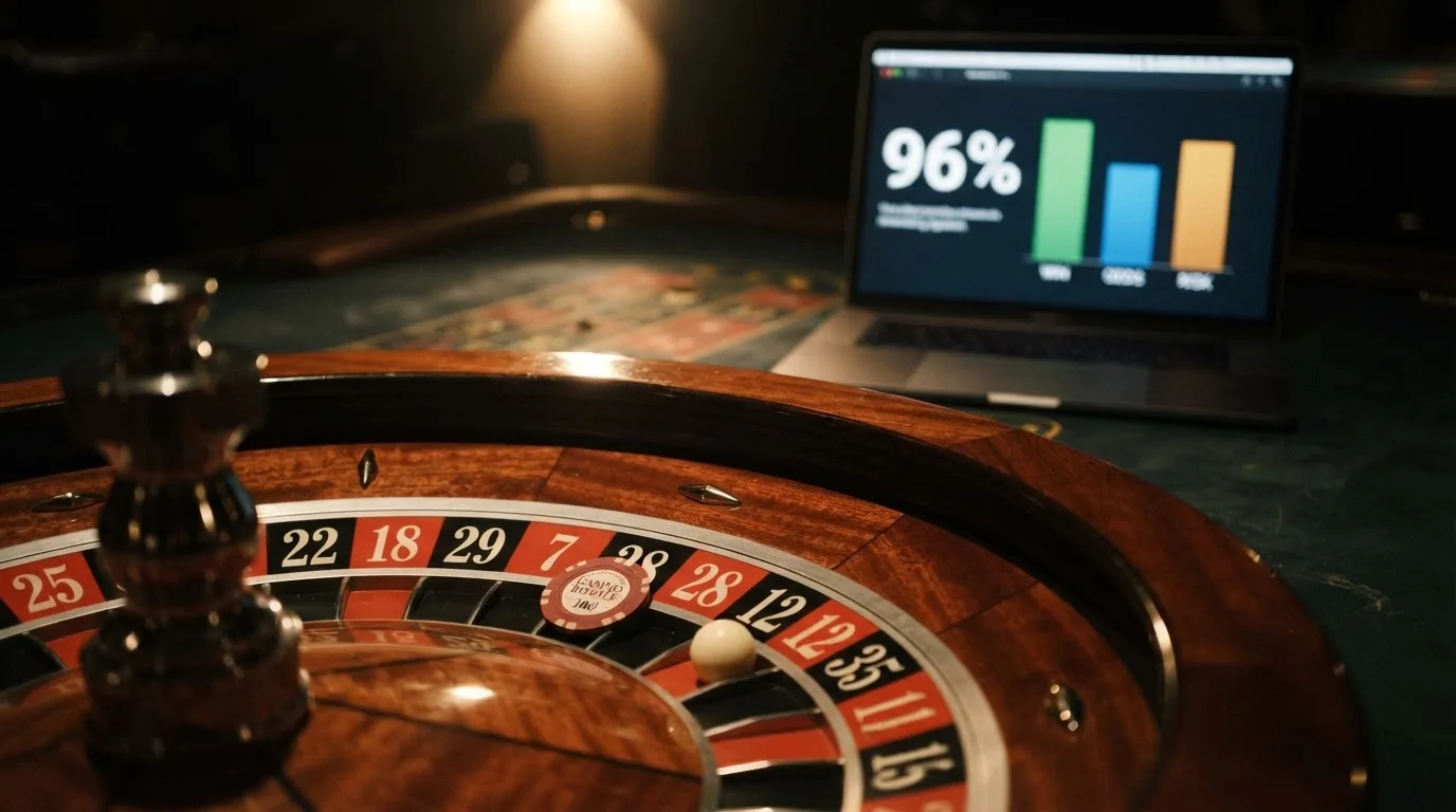 Primer plano de una ruleta con ficha en un número y una pantalla superpuesta mostrando un porcentaje (96%) junto a un gráfico de barras