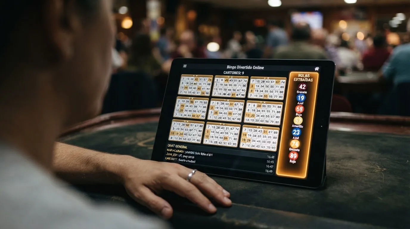 Varios cartones de bingo de 90 bolas en una cuadrícula de sala multijugador, con el panel de números sorteados y la ventana de chat abierta con mensajes de jugadores