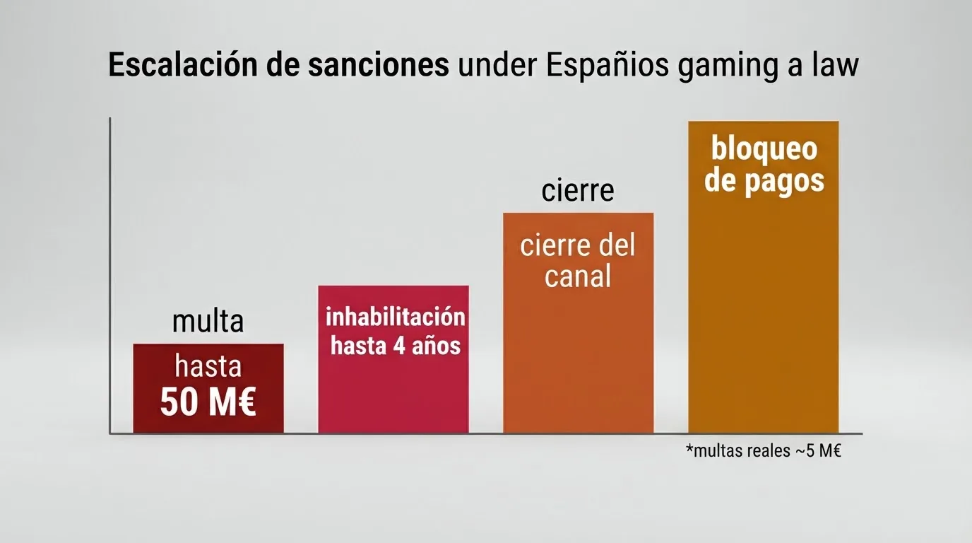 Infografí de la escalera de sanciones de la Ley 13/201: multa de hast 50 M€, inhabilitación de hast 4 años, cierre del canal y bloqueo de pagos