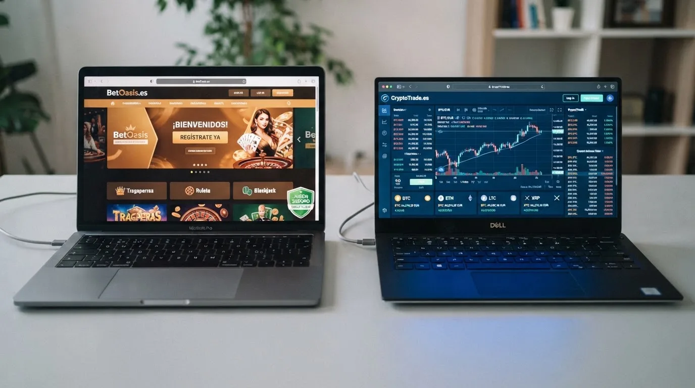 Dos pantallas contrapuestas: a la izquierda, un casino con dominio .es y el distintivo de la DGOJ visible en el pie de página; a la derecha, un casino sin el distintivo y con métodos de pago en criptomonedas