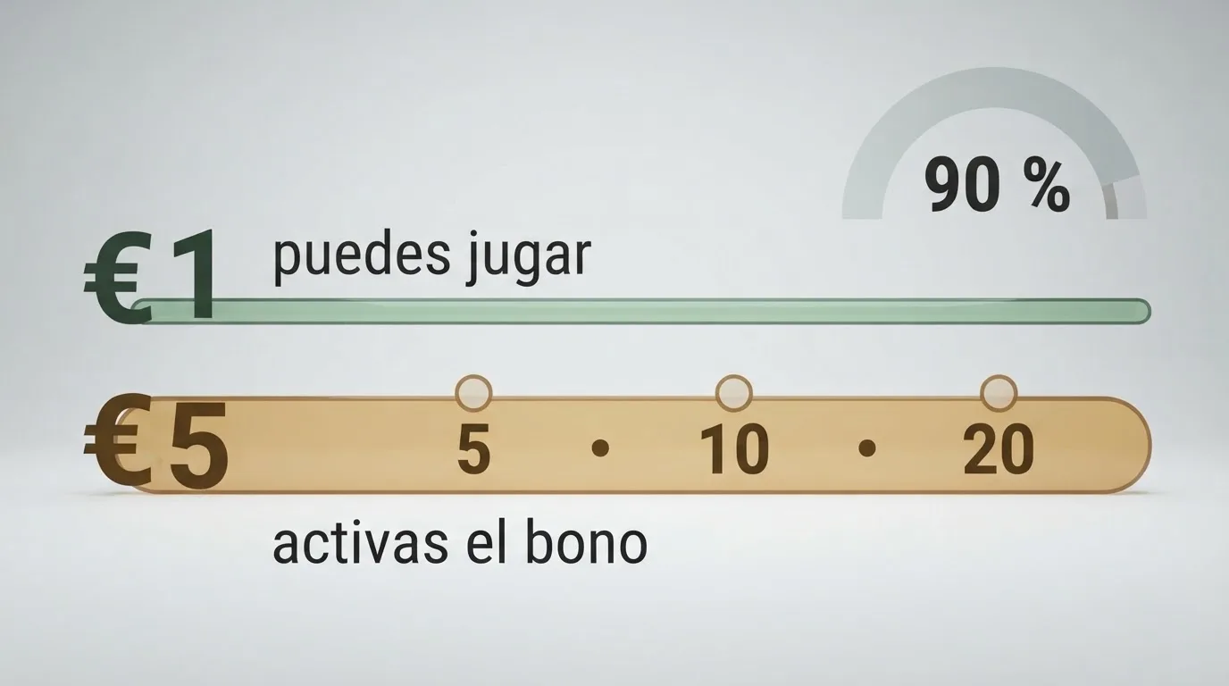 Infografía simplificada que muestra dos líneas paralelas: una de 1 euro etiquetada como «puedes jugar» y otra de 5 a 20 euros etiquetada como «activas el bono», con los umbrales de cada operador señalados